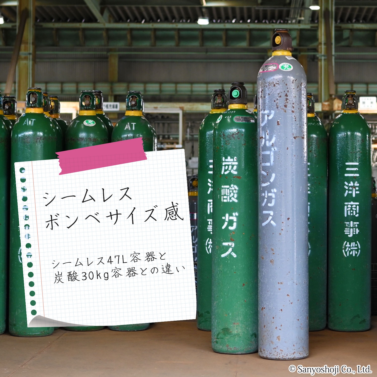 炭酸ガスボンベと一般高圧ガスボンベのサイズ比較